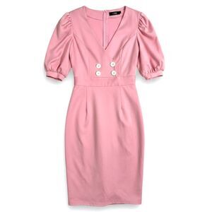 CBR Pink Puff Sleeve Double Button V-Neck Chic Midi Dress Date Night Office L